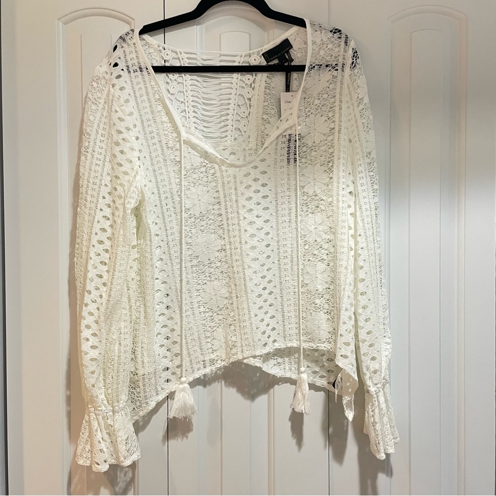 Jeans by Buffalo Lace Shear Boho Peasant Top Tassels Cream Size Large